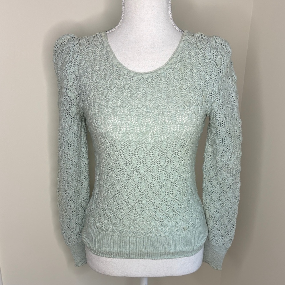 Jolie Seafoam Green Women's Open Knit Romantic Banded Sweater. Y2K. Small